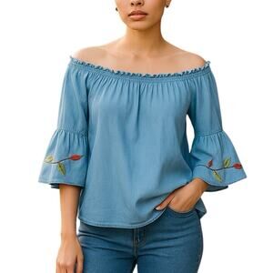 Speed Limit Mph Blue Off-Shoulder Embroidered Ruffle Sleeve Top Size M Cotton